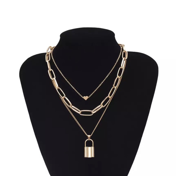 Gold Multi Layered Lock & Heart Chain Necklace - Picture 4 of 5